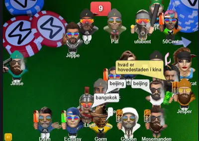 Brugere deltager i quiz med spørgsmål og point i Skyskraber – dansk chat portal med quiz-aftener, vidensspil og sjove konkurrencer