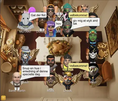 Brugere samlet om et festbord til thanksgiving-event med mad og gaver i Skyskraber – gratis dansk chat med sæson-events hele året