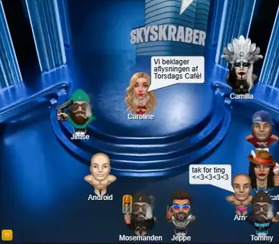 Kort videoklip fra Skyskrabers lounge med avatarer og NPC'er – dansk online chatunivers med unikke rum og aktive brugere