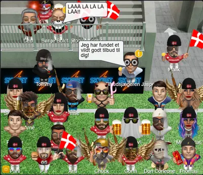 Avatarer hepper og fejrer med Dannebrog til fodbold-event i Skyskraber – dansk chat med minispil, events og sportsbegivenheder