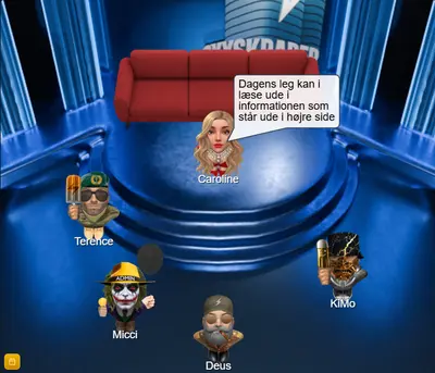 Avatarer slapper af i Skyskrabers lounge med NPC-værten Caroline – online dansk chat med unikke rum, sofaer og afslappet stemning